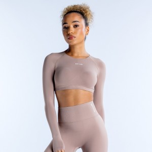 Top DFYNE Dynamic Long Sleeve Crop Mujer Beige | 2719-DJSAH