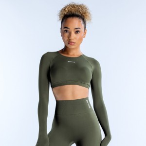 Top DFYNE Dynamic Long Sleeve Crop Mujer Verde Oliva | 8742-QASHE